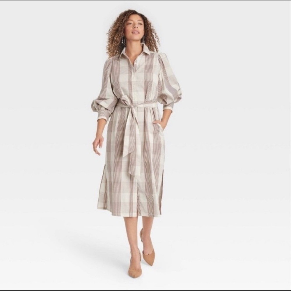 A New Day Plaid Belted Shirt Midi Dress NWT classic career casual summer XS